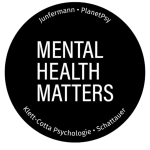 Schwarzer Kreis mit weißer Schrift. In der Mitte steht ‚MENTAL HEALTH MATTERS‘. Am oberen Rand: ‚Junfermann • PlanetPsy‘, am unteren Rand: ‚Klett-Cotta Psychologie • Schattauer‘.